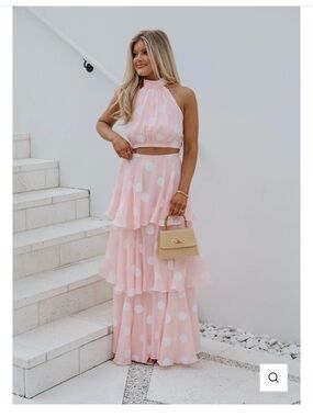 Pink Polka Dot Two-Piece Halter Maxi Set